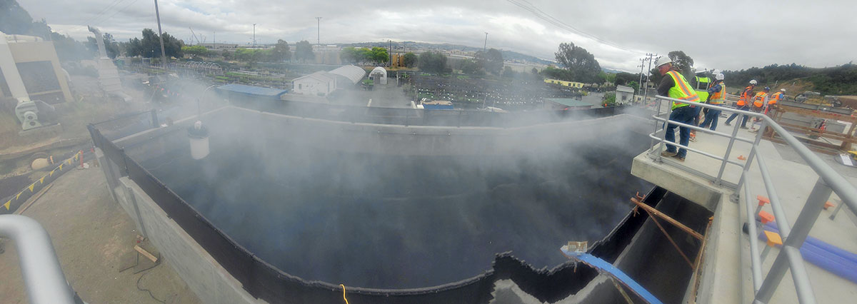 panoramic shot of smoke billowing from biofilter during smoke test